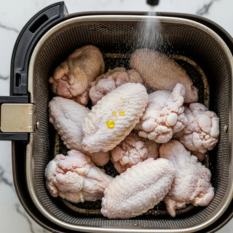 frozen chicken wings in air fryer basket being misted with oil before cooking