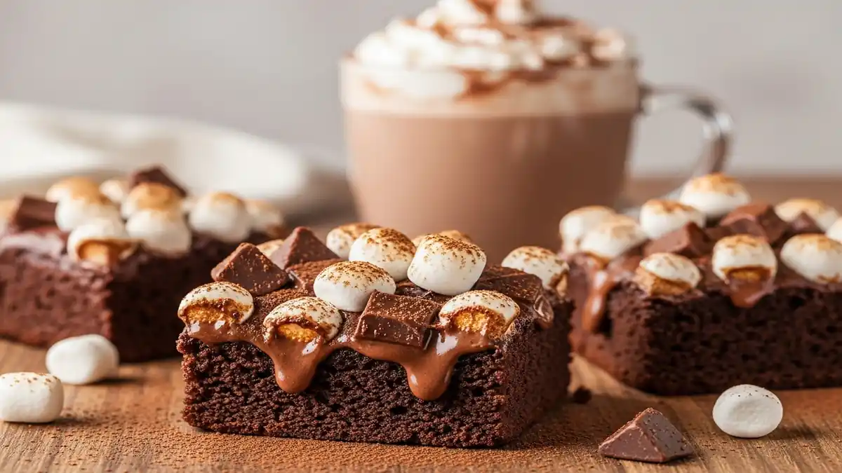 Rich chocolate brownies topped with toasted marshmallows and melted chocolate squares beside a creamy hot cocoa