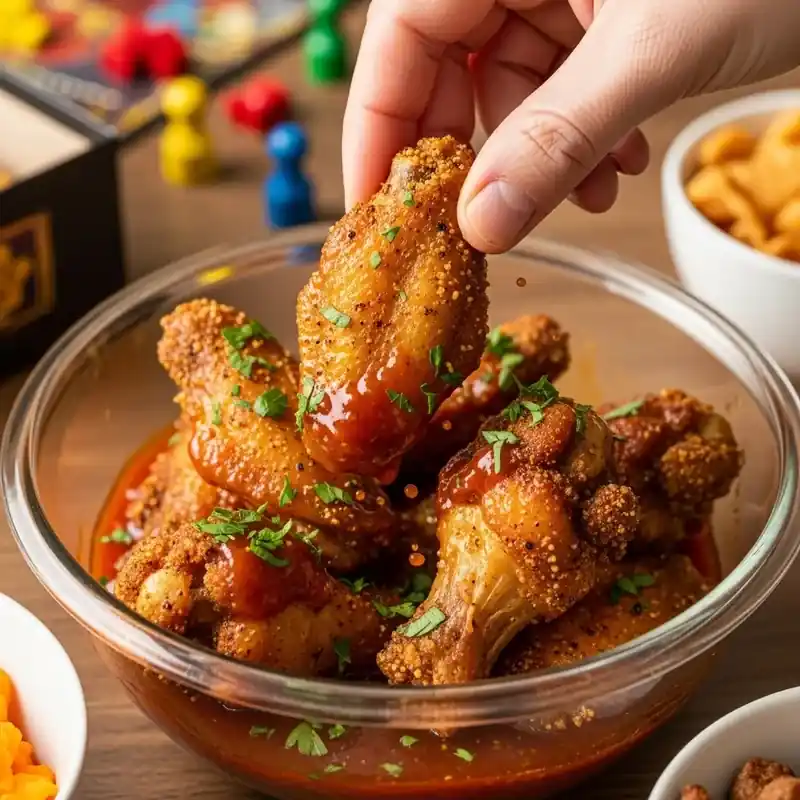 hand dipping saucy air fryer chicken wing from bowl with party snacks and board game in background