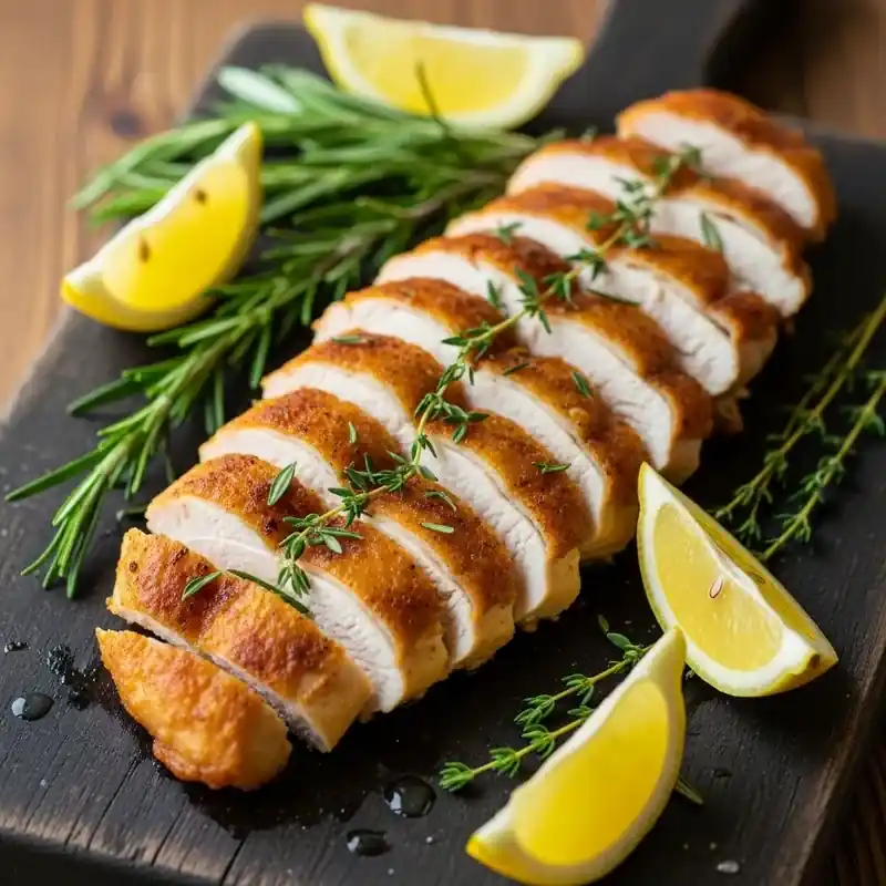 sliced air fryer chicken breast on dark wood board with lemon wedges and fresh rosemary