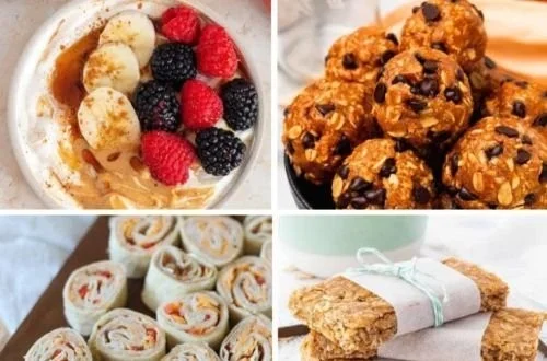 A variety of healthy after school snacks including fruits, nuts, and yogurt.