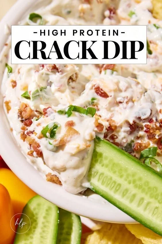 Delicious high protein crack dip served with fresh vegetables and chips