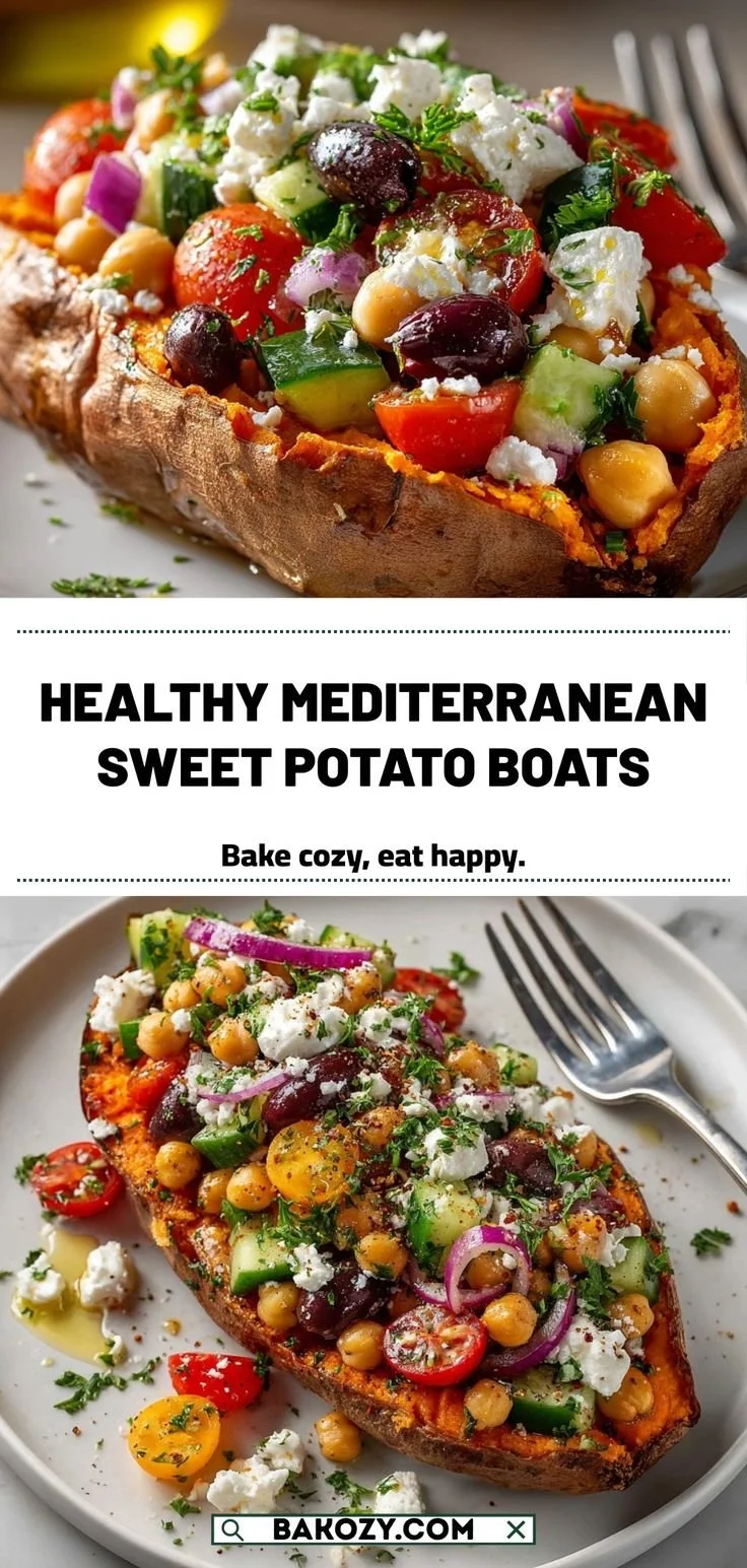 Mediterranean stuffed sweet potatoes topped with fresh herbs and feta cheese