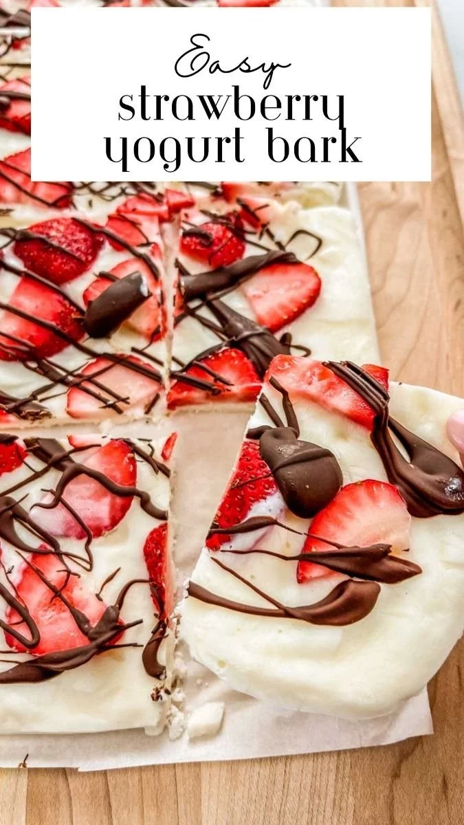Delicious strawberry yogurt bark topped with fresh strawberries and nuts