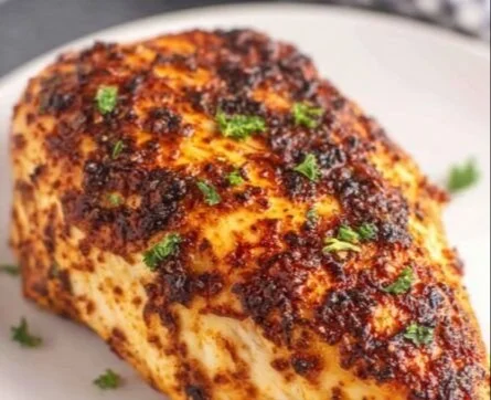 Juicy air fryer chicken breast plated with herbs and spices.