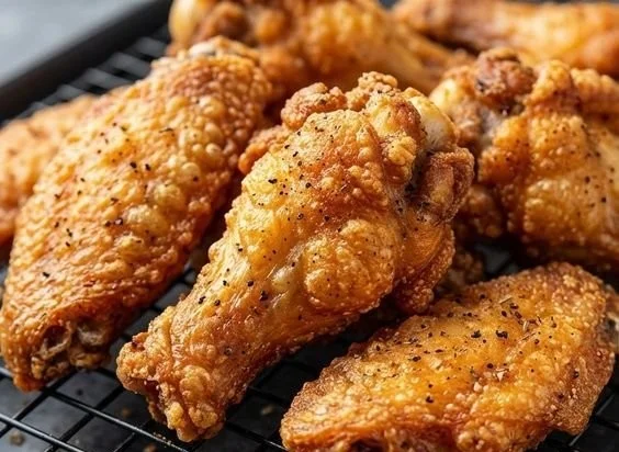 Plate of crispy air fryer chicken wings garnished with herbs