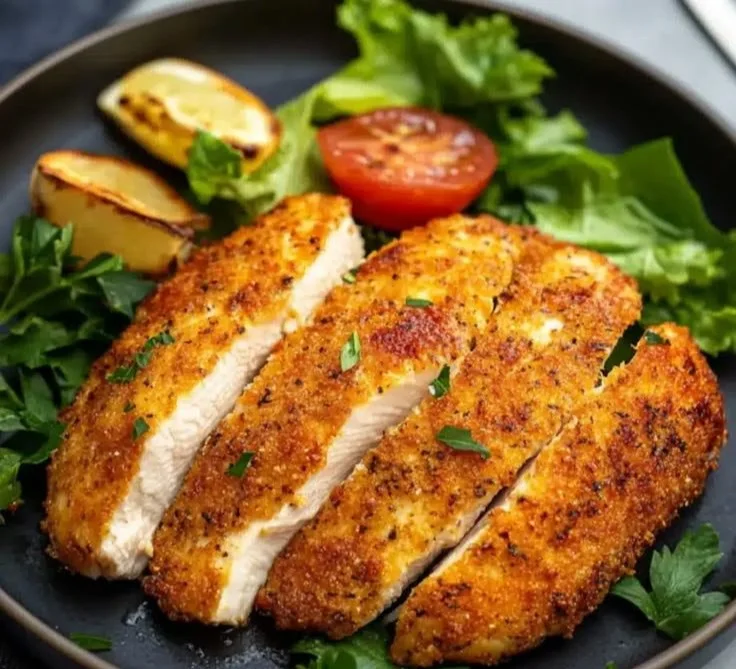 Air fryer crispy chicken breast served with herbs and spices