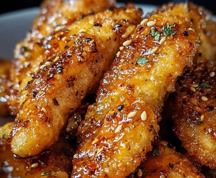 Crispy air fryer honey butter garlic chicken tenders served with dipping sauce