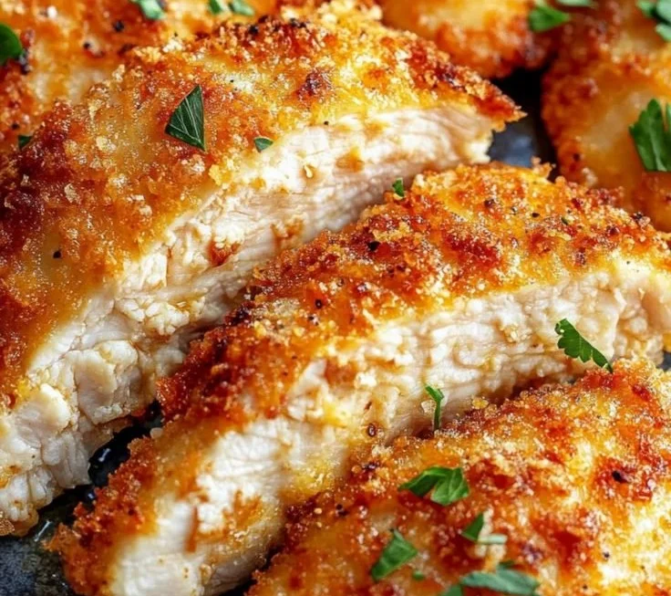 Crispy Air Fryer Parmesan Crusted Chicken on a plate with herbs