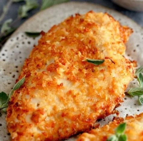 Air Fryer Parmesan Crusted Chicken with Mayo on a plate