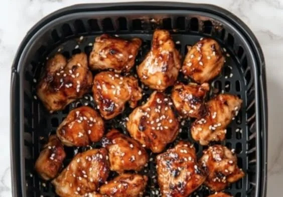 Air fryer teriyaki chicken served with rice and vegetables