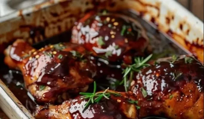 Delicious baked BBQ chicken served on a platter with a side of fresh vegetables.