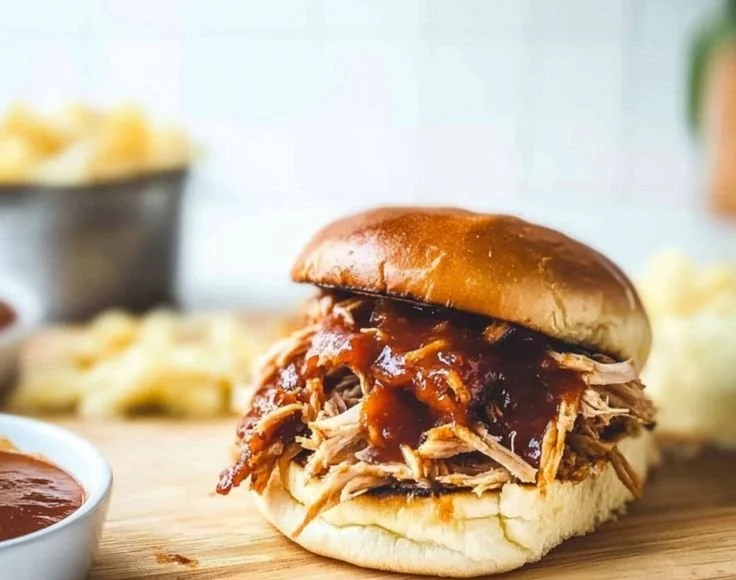 Delicious BBQ Pulled Chicken served on a bun with coleslaw