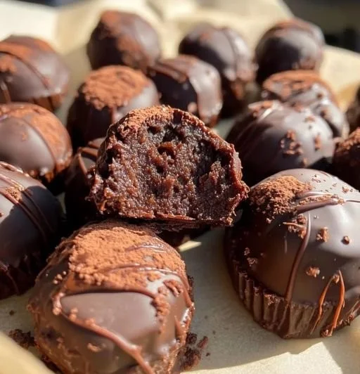 Chewy brownie protein bites arranged on a plate for healthy snacking.