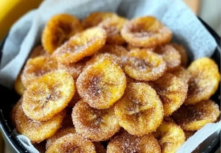 Cinnamon-sugar air fryer banana chips in a bowl