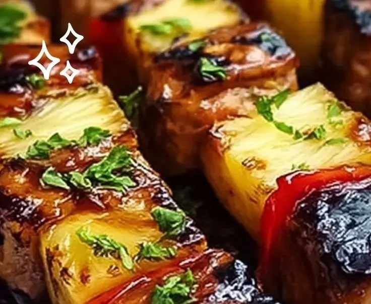 Grilled BBQ pineapple chicken kabobs on skewers served with colorful vegetables