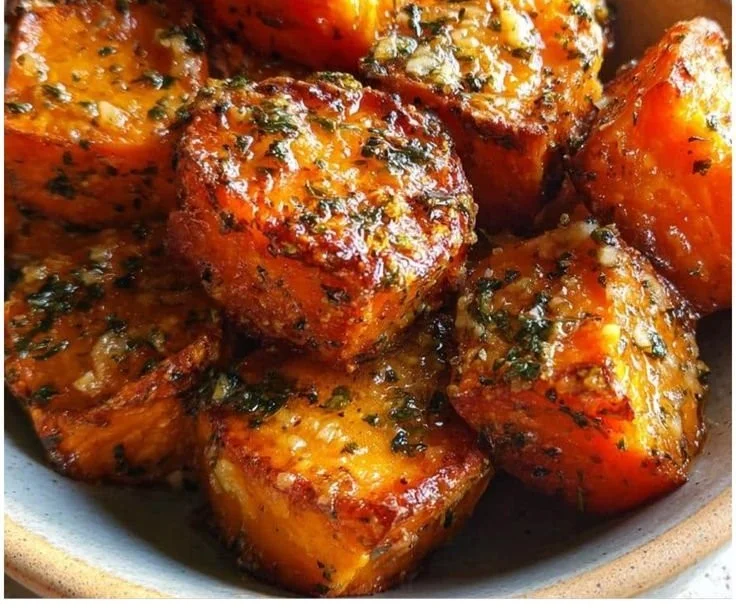 Crispy baked sweet potato bites topped with Parmesan herb butter.