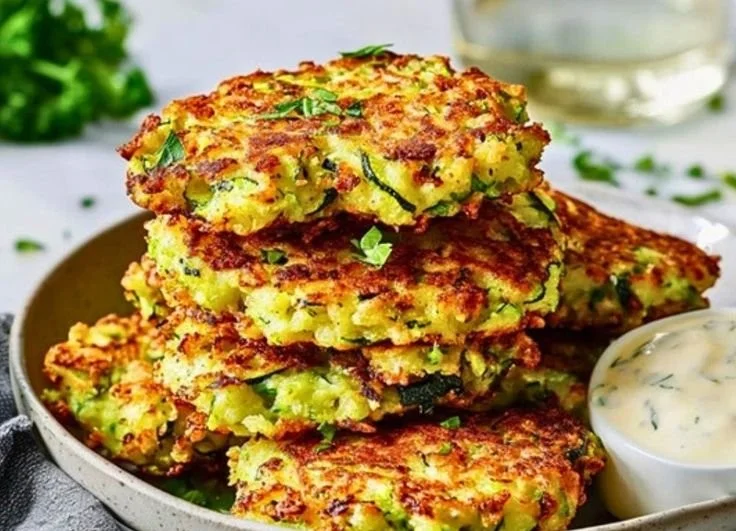 Crispy zucchini fritters served with dipping sauce on a plate