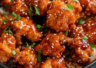 Homemade General Tso's Chicken made in an air fryer, served with broccoli.