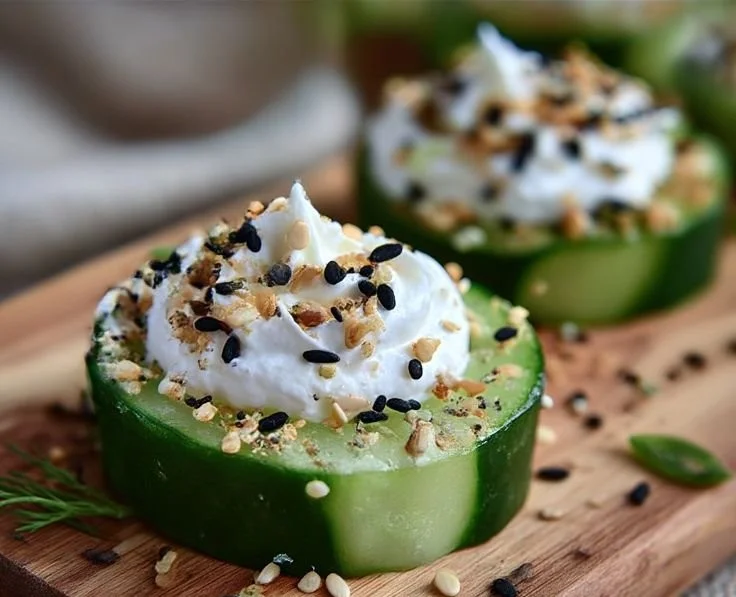 Everything Bagel Cucumber Bites served on a platter, garnished with herbs.