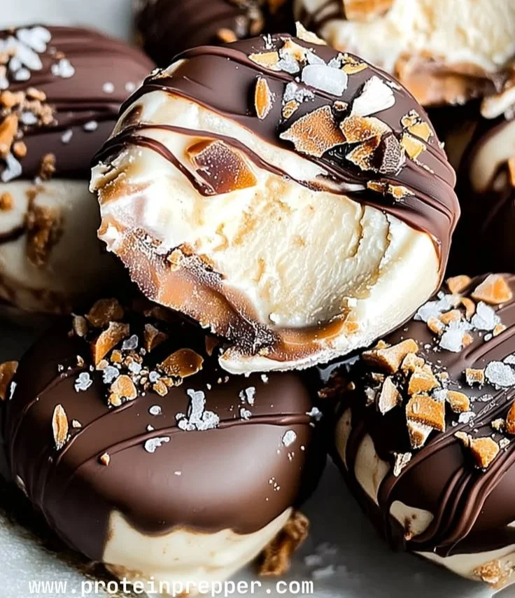 Frozen peanut butter Greek yogurt bites on a plate ready to enjoy