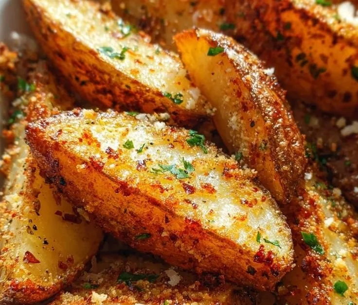 Crispy Garlic Parmesan Potato Wedges garnished with herbs
