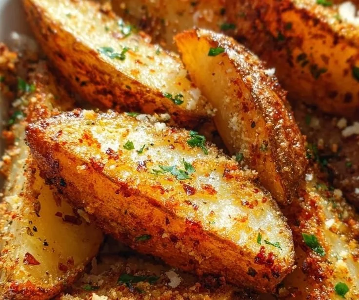 Crispy Garlic Parmesan Potato Wedges served on a plate