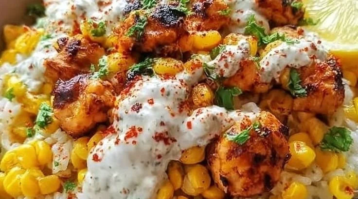 Grilled chicken and corn rice bowl garnished with fresh ingredients