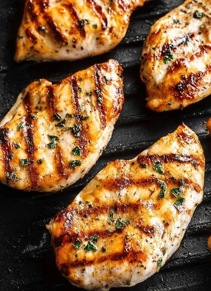 Delicious grilled chicken breast served on a plate with herbs and lemon slices