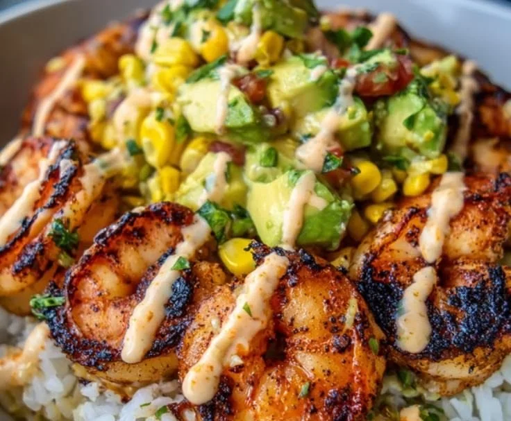 Grilled shrimp bowl with avocado corn salsa and vibrant vegetables