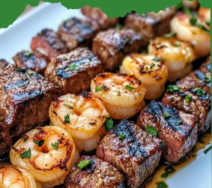 Delicious grilled steak and shrimp skewers with garlic butter on a platter