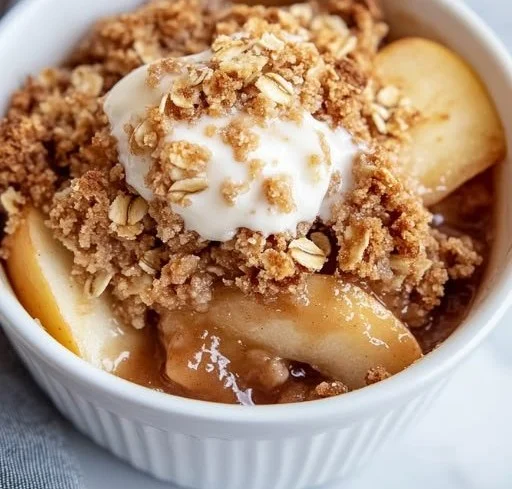 Healthy high protein apple crisp served in a bowl with fresh apples and oats.