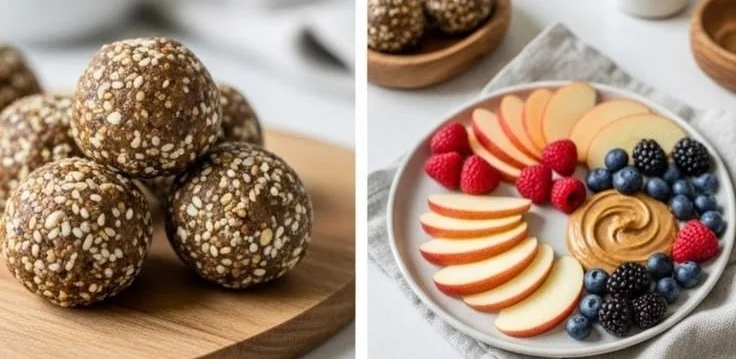 A variety of healthy snacks including fruits, nuts, and vegetable dips