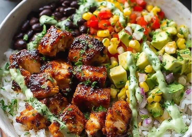 Delicious Honey Chipotle Chicken Bowl topped with fresh ingredients