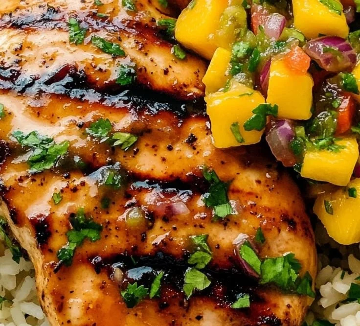 Delicious Honey Lime Chicken topped with fresh Mango Salsa served on a plate.