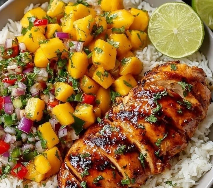 Honey Lime Chicken with vibrant mango salsa served on a plate.