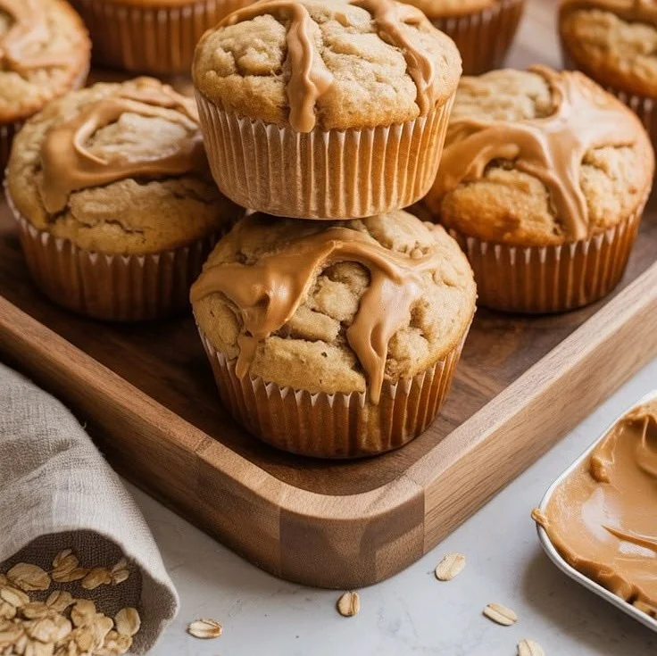 Healthy oat flour peanut butter protein muffins on a cooling rack