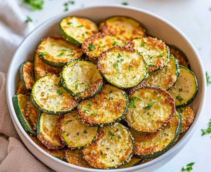 Bowl of crispy oven-baked zucchini chips on a wooden table