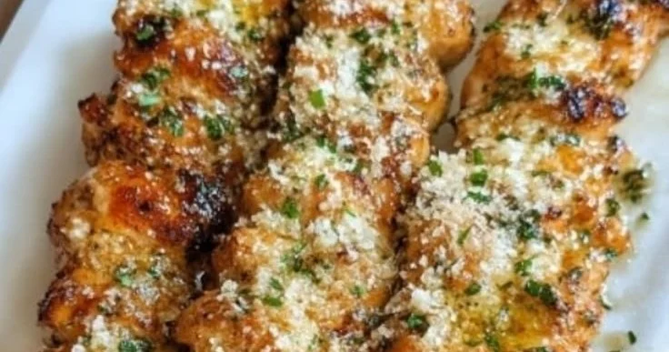 Delicious Ranch Garlic Parmesan Chicken Skewers garnished with fresh herbs