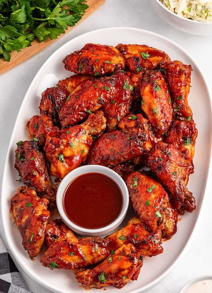 Slow cooker BBQ wings drenched in tangy sauce ready to serve