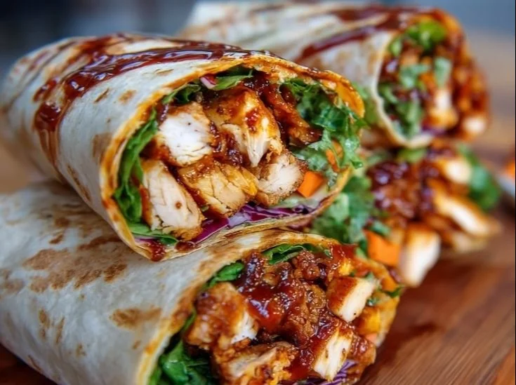 Delicious spicy honey BBQ chicken wraps with fresh ingredients