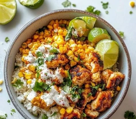 Delicious Street Corn Chicken Rice Bowl topped with fresh ingredients