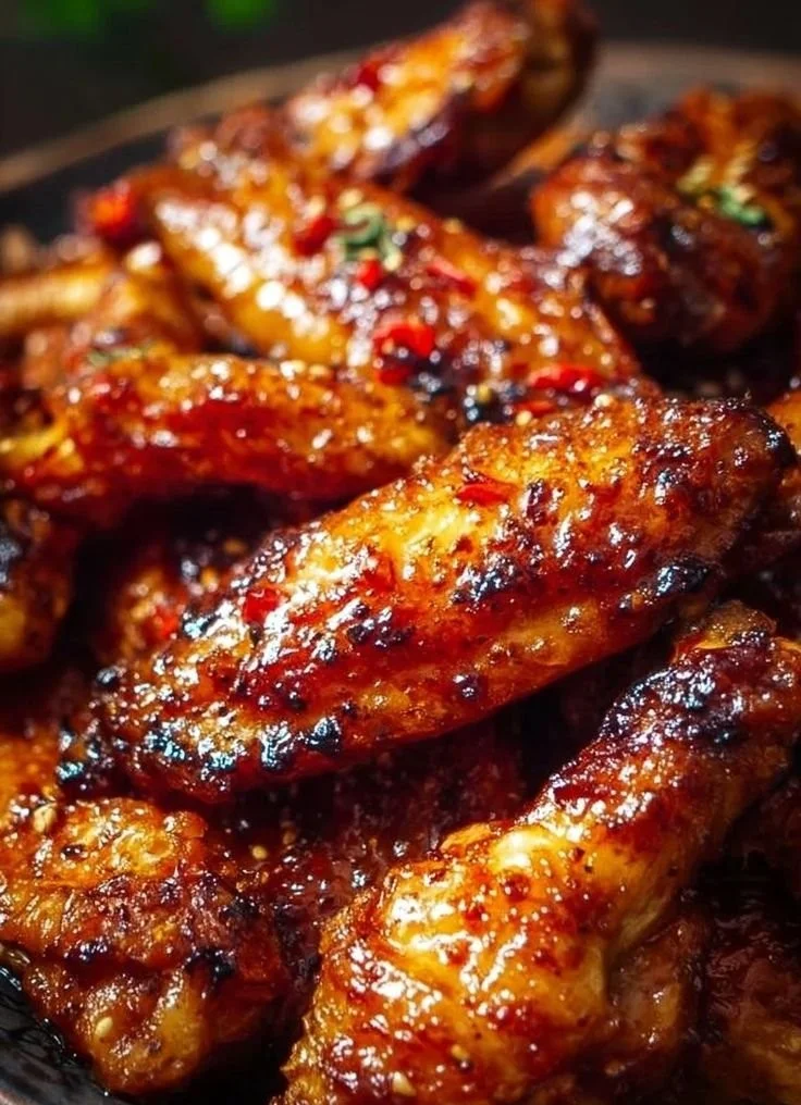 Oven-baked honey BBQ chicken wings drizzled with sauce and garnished.