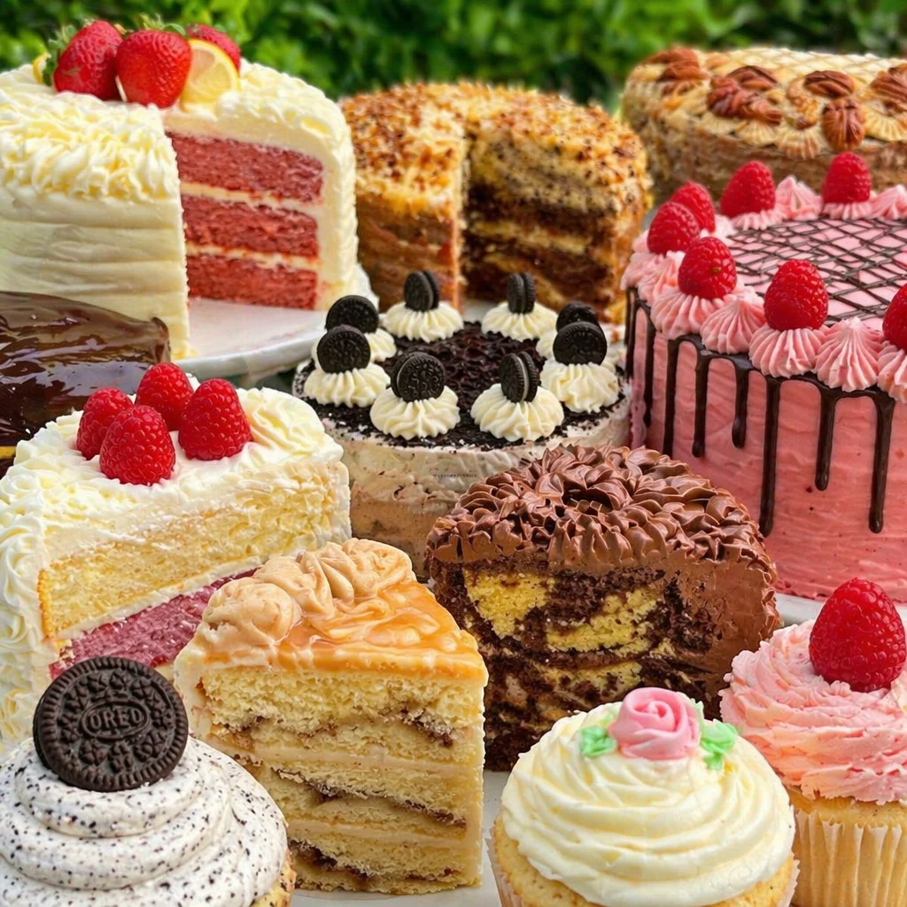A variety of unique cake flavors for parties displayed on a colorful dessert table.