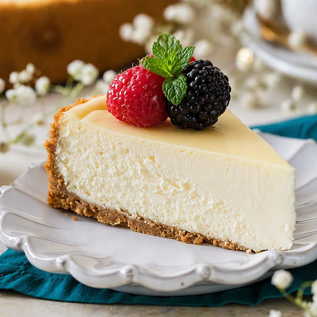 Easy cheesecake topped with fresh berries on a graham cracker crust