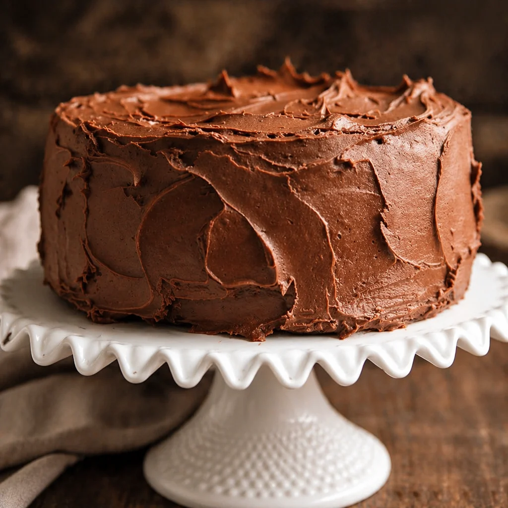 Moist chocolate cake from scratch with chocolate frosting on a platter