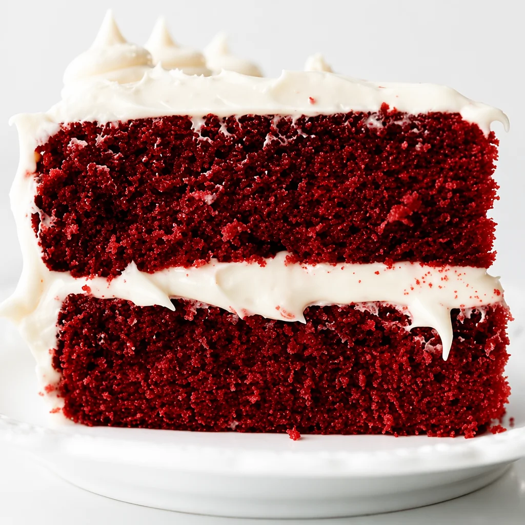 Delicious red velvet cake topped with creamy cream cheese frosting on a rustic table.
