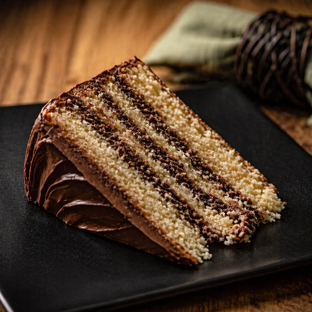 Delicious gluten-free vanilla cake with chocolate buttercream and sprinkles.