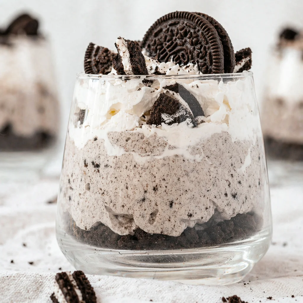 Delicious Oreo Mousse Cups topped with crushed Oreos and whipped cream.
