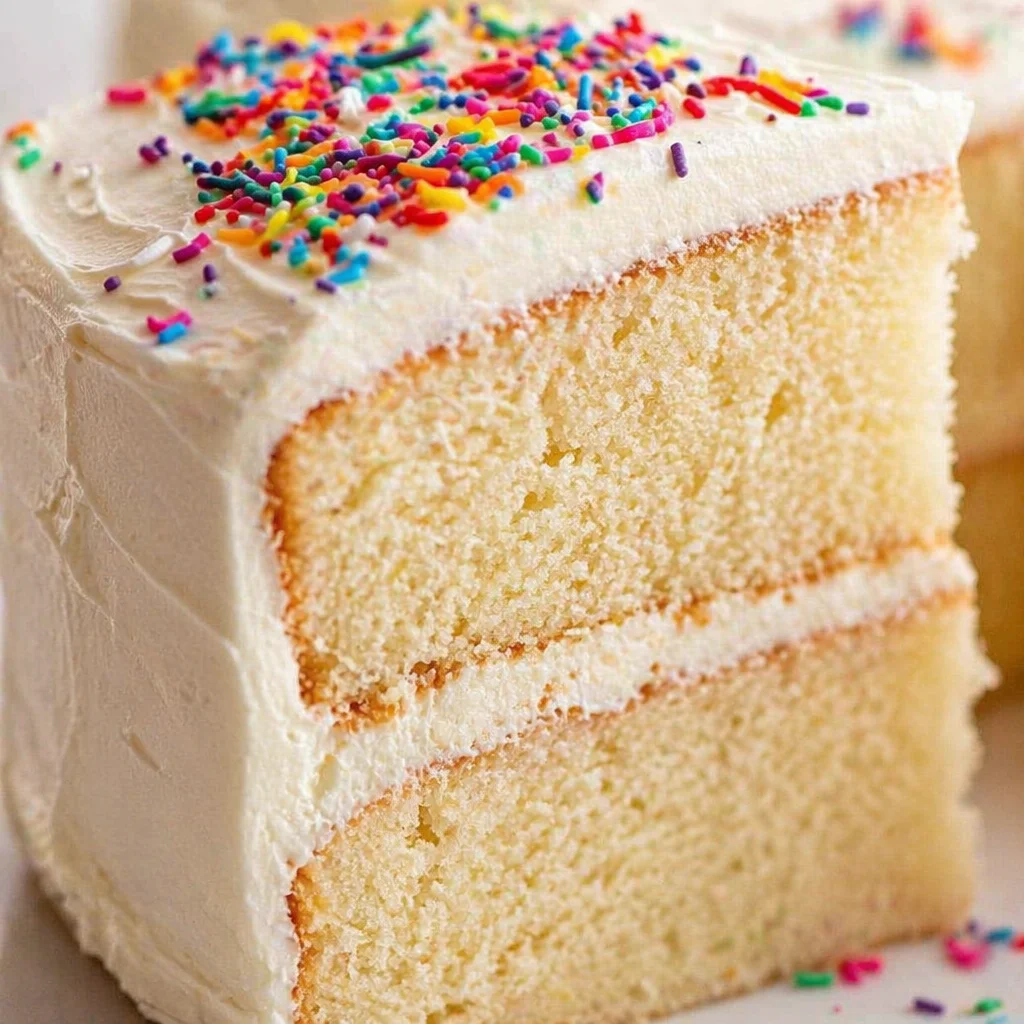 Delicious fluffy vanilla cake topped with creamy frosting and sprinkles.